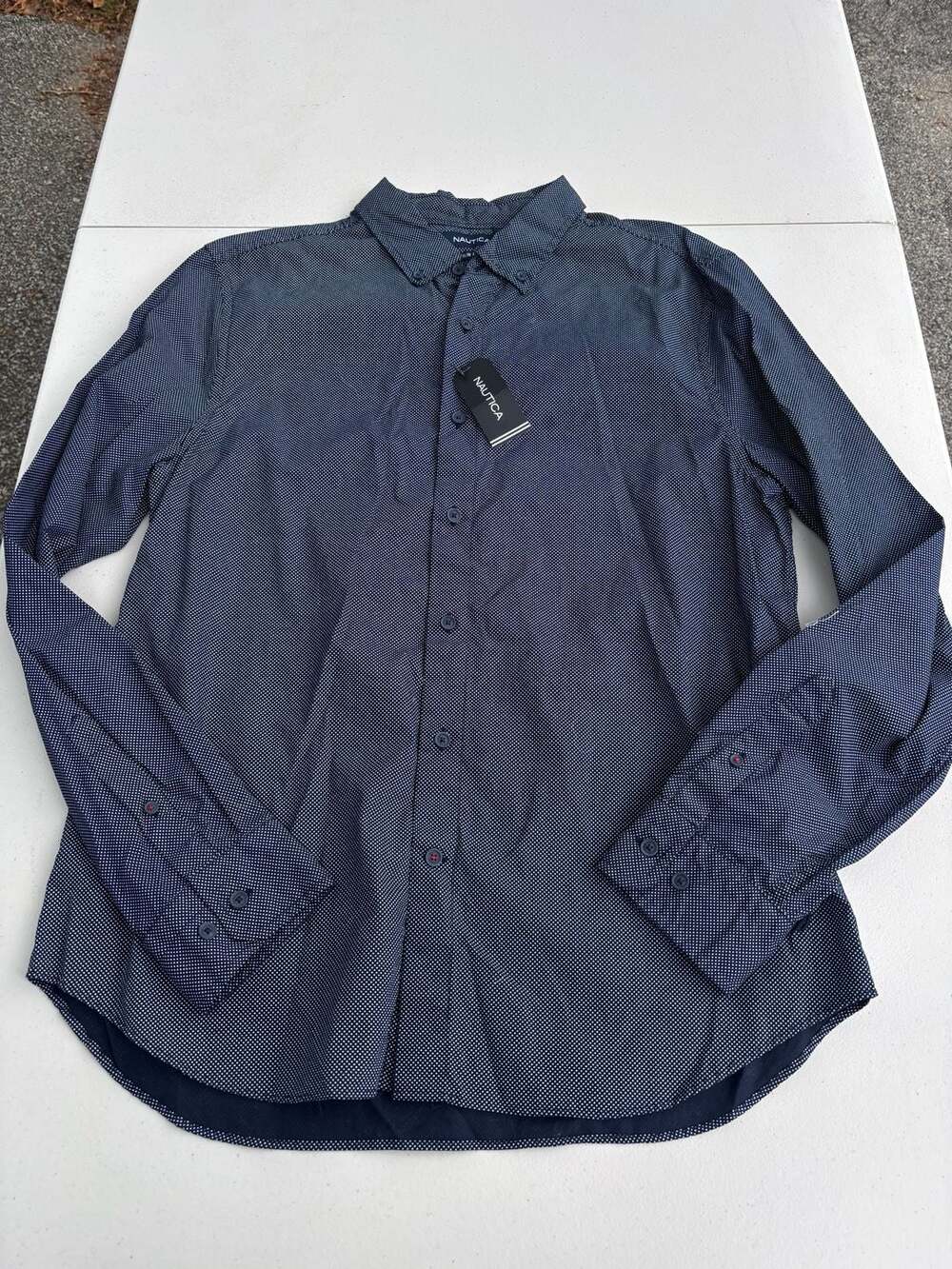 Nautica Slim Fit Button-Down Shirt Men’s Large Navy White Polka Dot New With Tag